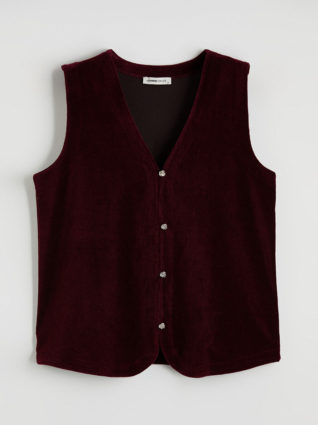 Bordo V Yaka Fitilli Kadife Kadın Yelek-4