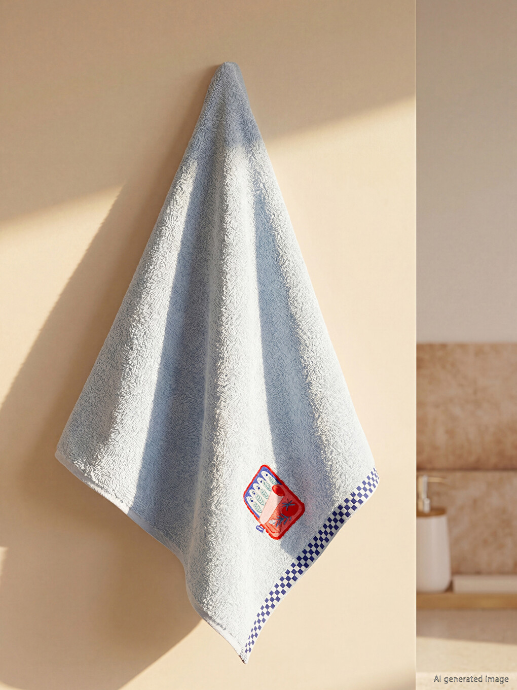Mavi Damalı Kenarlı Nakışlı Yüz Havlusu 50x80 cm