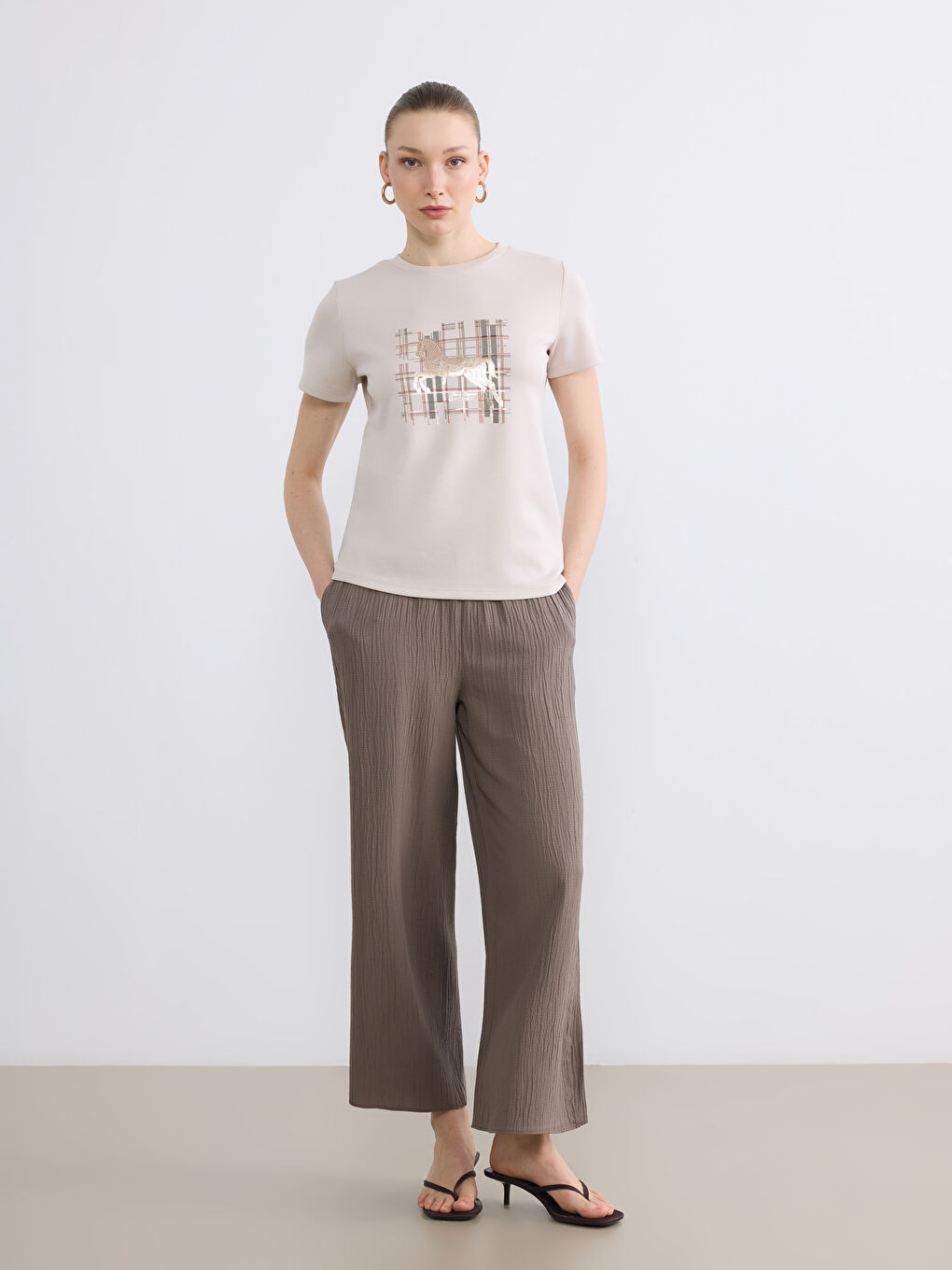 Haki Beli Lastikli Geniş Paça Kadın Pantolon