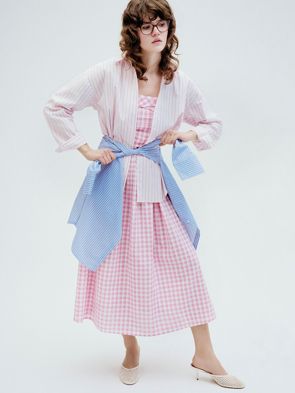 Pembe Straplez Yaka Ekose Belden Oturtmalı Elbise-1