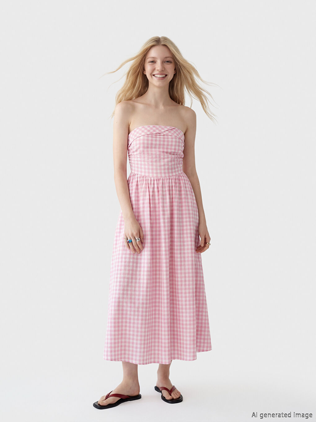 Haljina bez bretela, karirani dezen, strukiran struk-1