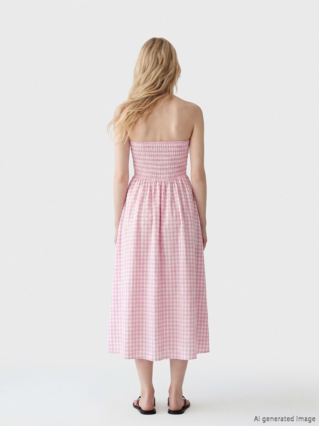 Haljina bez bretela, karirani dezen, strukiran struk-5