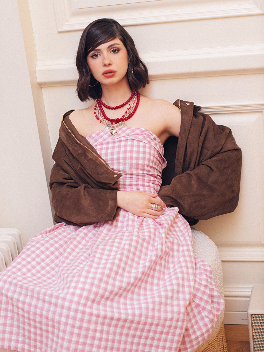 Pembe Straplez Yaka Ekose Belden Oturtmalı Elbise