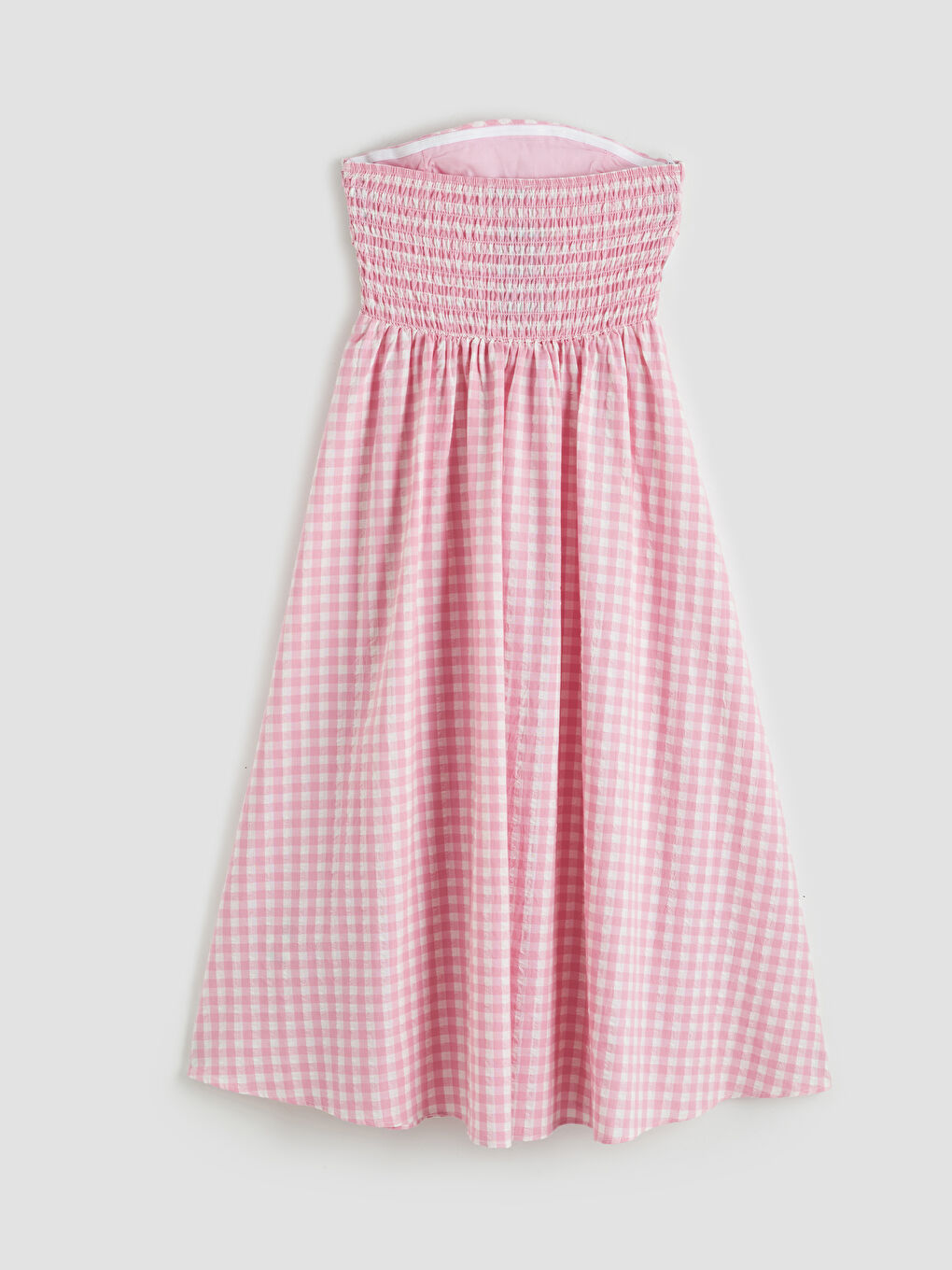 Haljina bez bretela, karirani dezen, strukiran struk-6