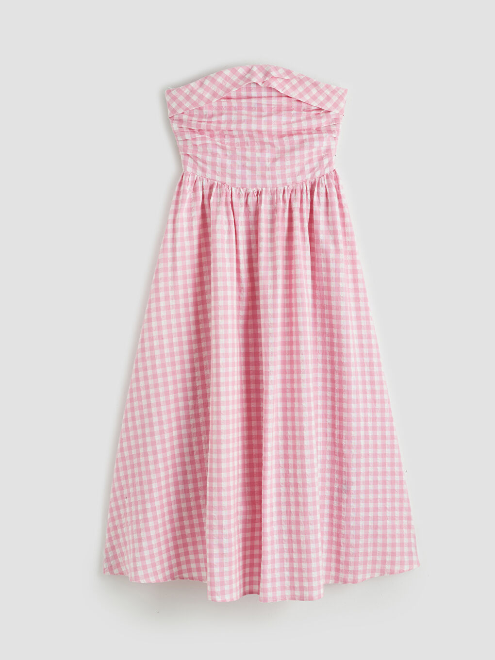 Haljina bez bretela, karirani dezen, strukiran struk-7