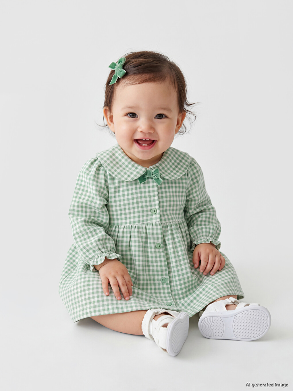 Ekru Bebe Yaka Ekose Kız Bebek Gabardin Elbise-1