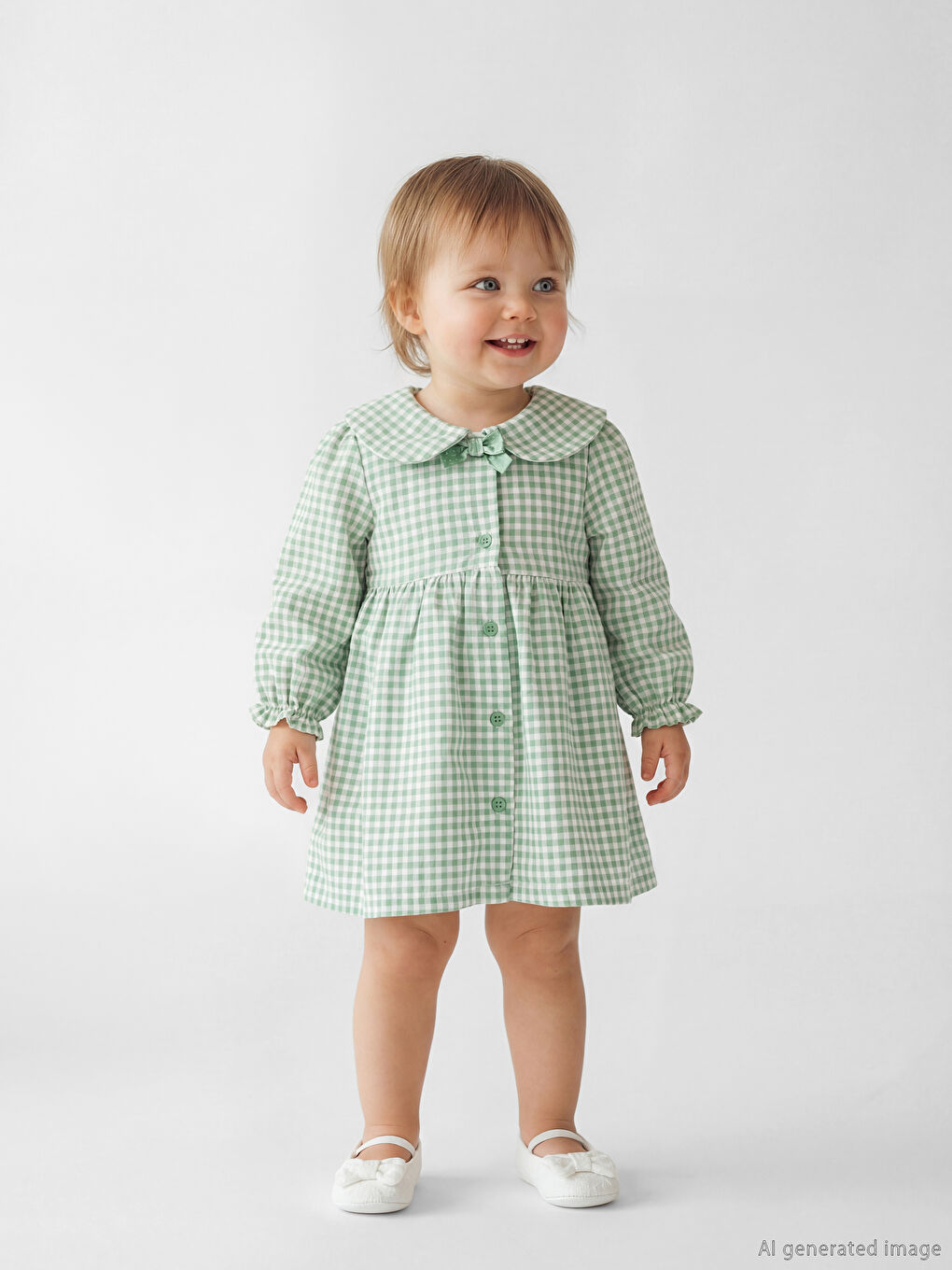 Ekru Bebe Yaka Ekose Kız Bebek Gabardin Elbise