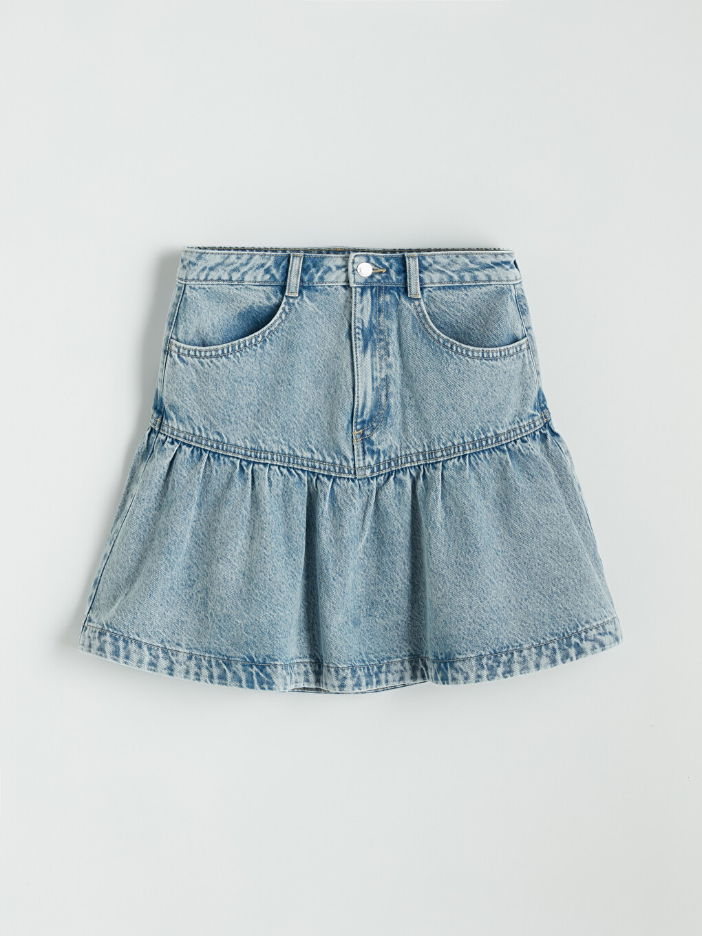 High Waisted Frilled Mini Denim Skirt-4
