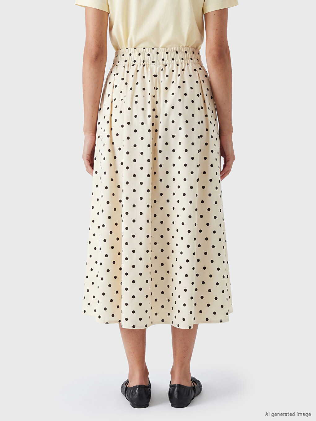 Ekru Beli Lastikli Puantiyeli Poplin Kloş Etek-3