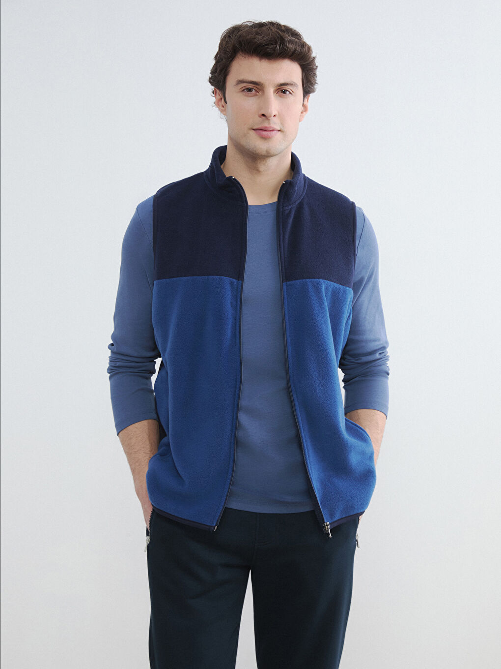 Lacivert Standart Fit Dik Yaka Erkek Polar Yelek