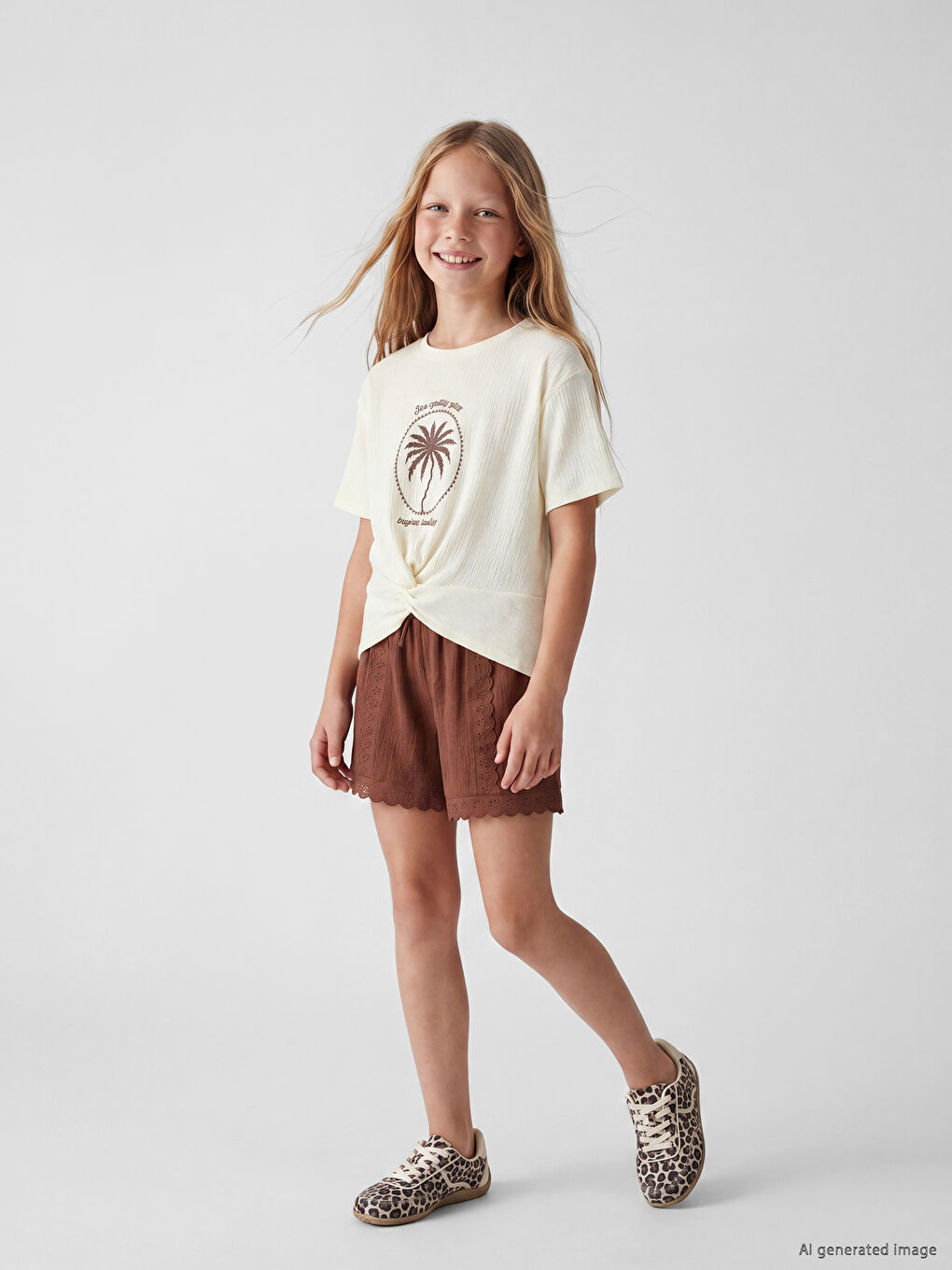 Elastic Waist Eyelet Detailed Girls' Shorts