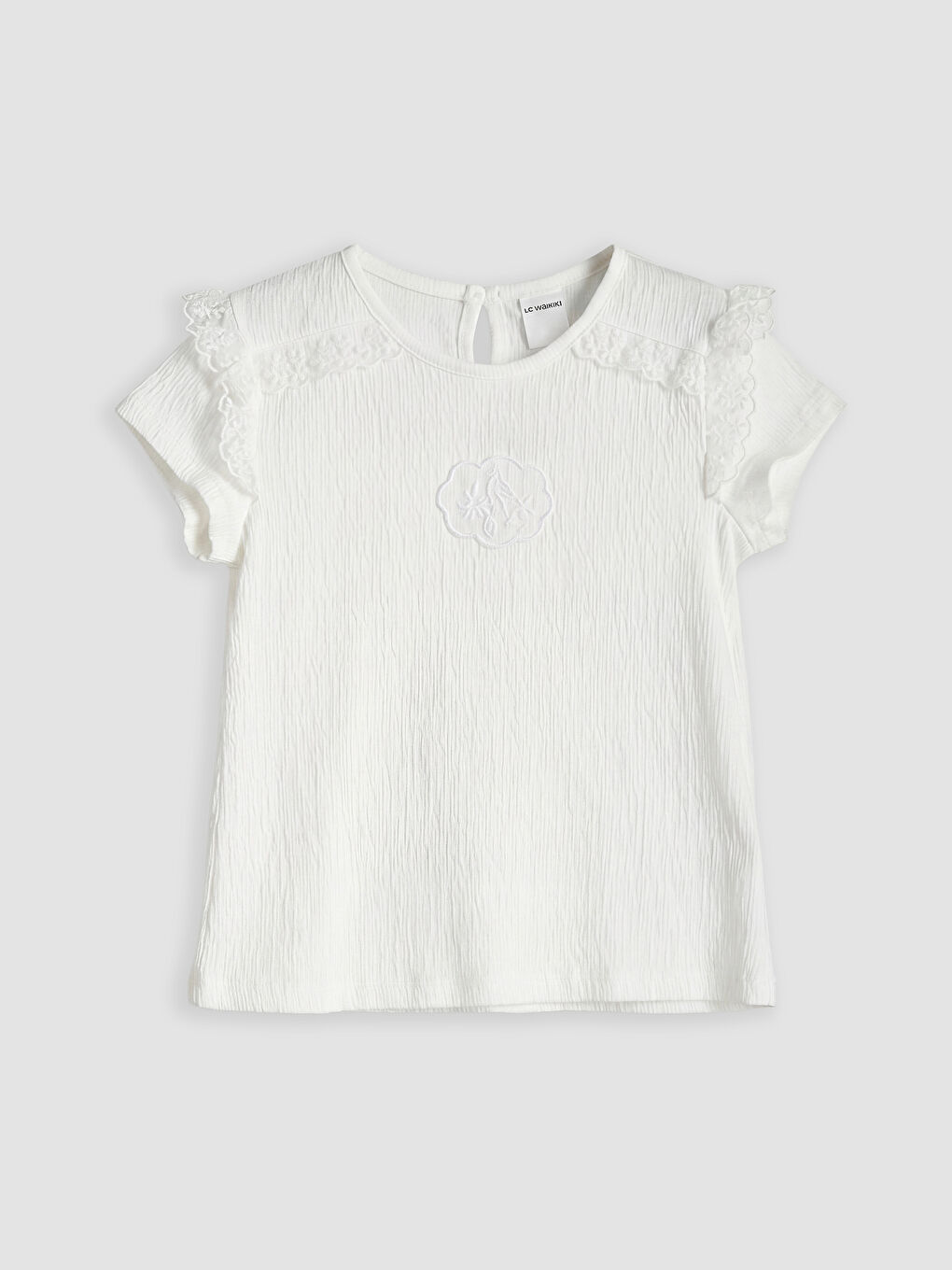 Beyaz Bisiklet Yaka Nakışlı Kız Çocuk Tişört