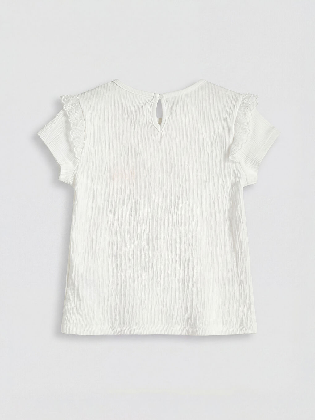 Beyaz Bisiklet Yaka Nakışlı Kız Çocuk Tişört-1