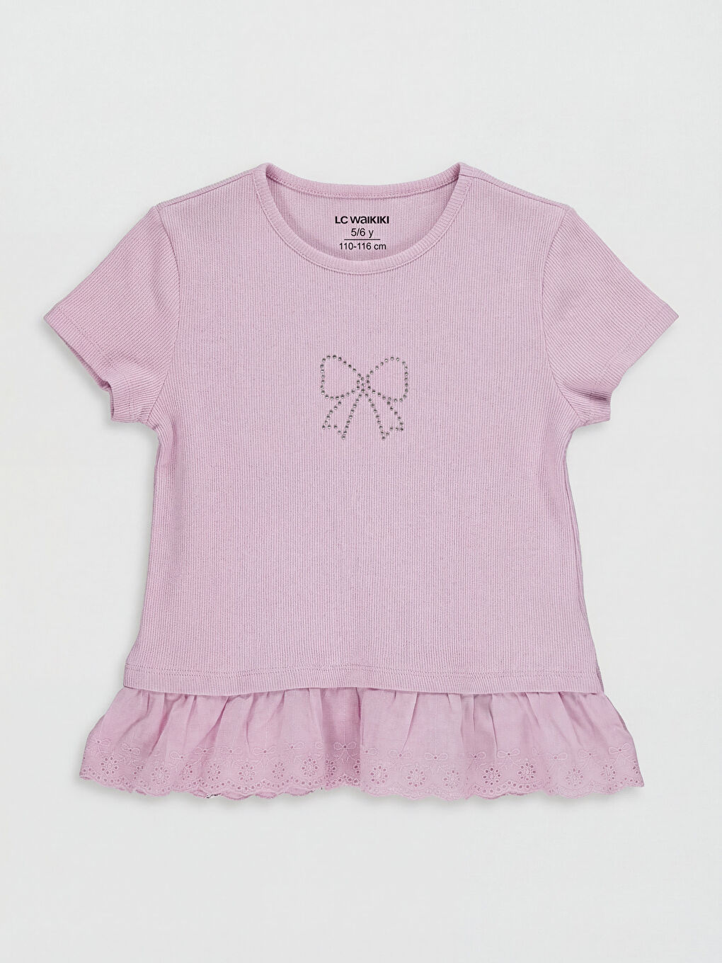 Lila Bisiklet Yaka Baskılı Fırfırlı Kız Çocuk Tişört