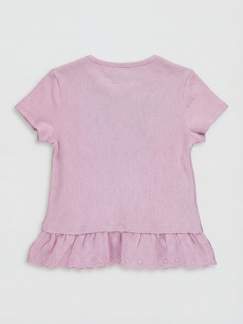 Lila Bisiklet Yaka Baskılı Fırfırlı Kız Çocuk Tişört-1