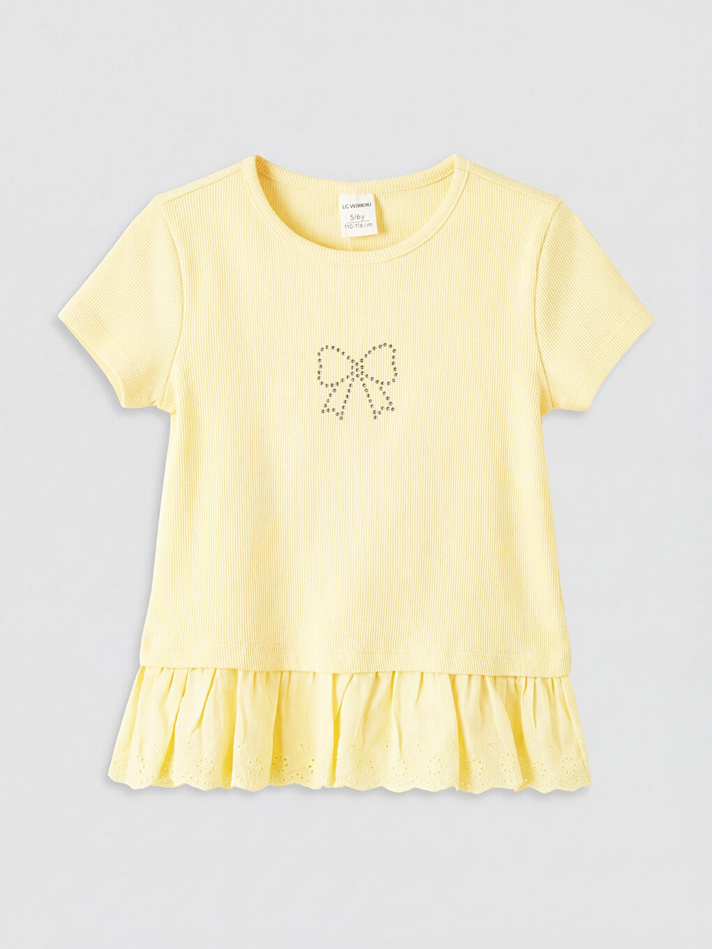 Sarı Bisiklet Yaka Fırfırlı Baskılı Kız Çocuk Tişört