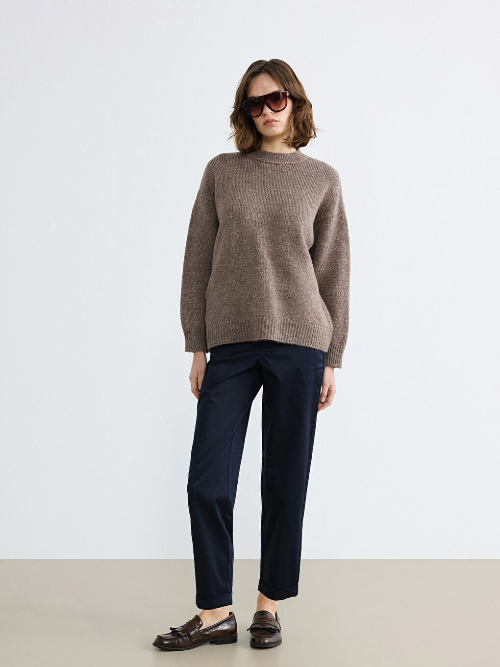 Bej Bisiklet Yaka Kadın Triko Kazak-1