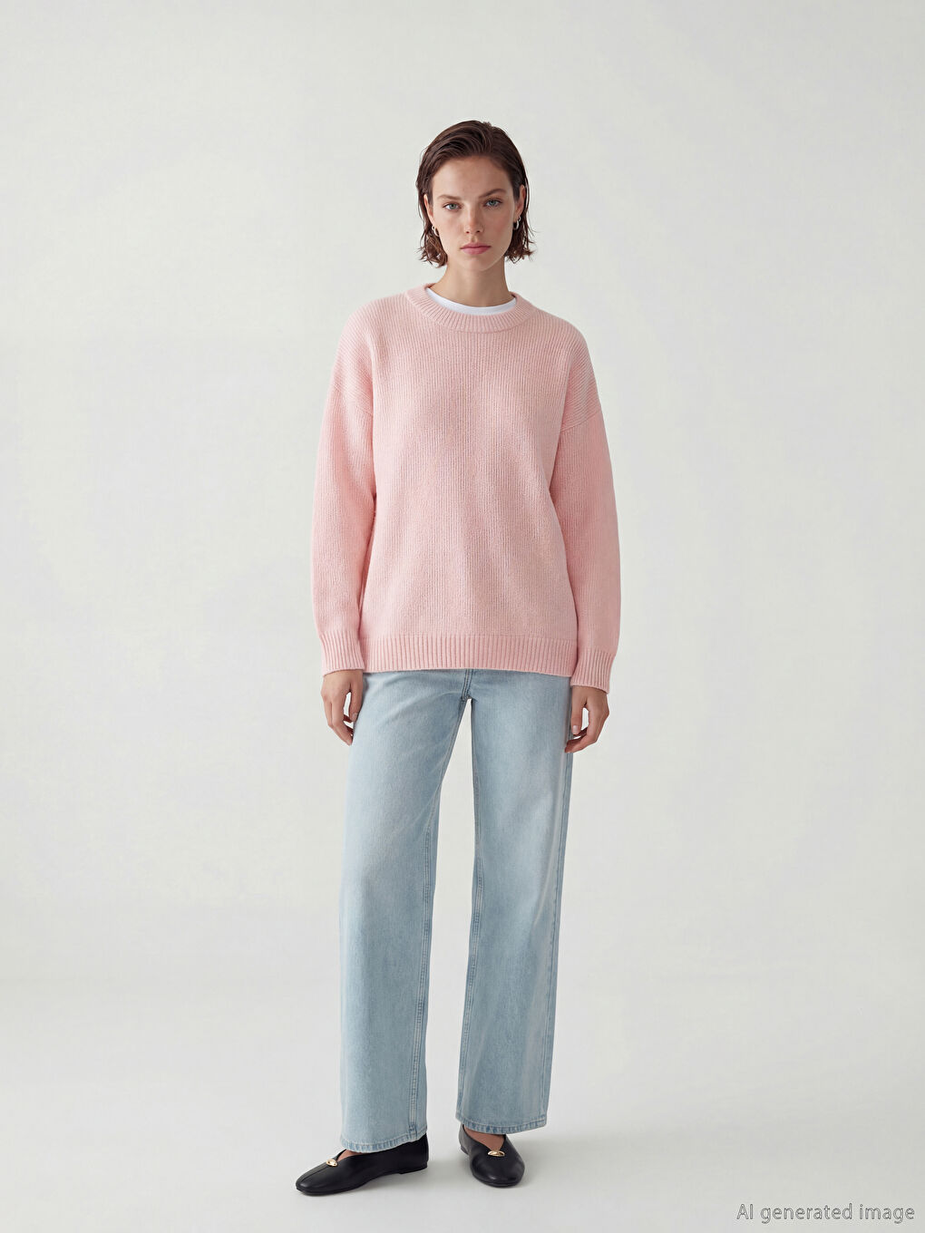 Pembe Bisiklet Yaka Kadın Triko Kazak-1