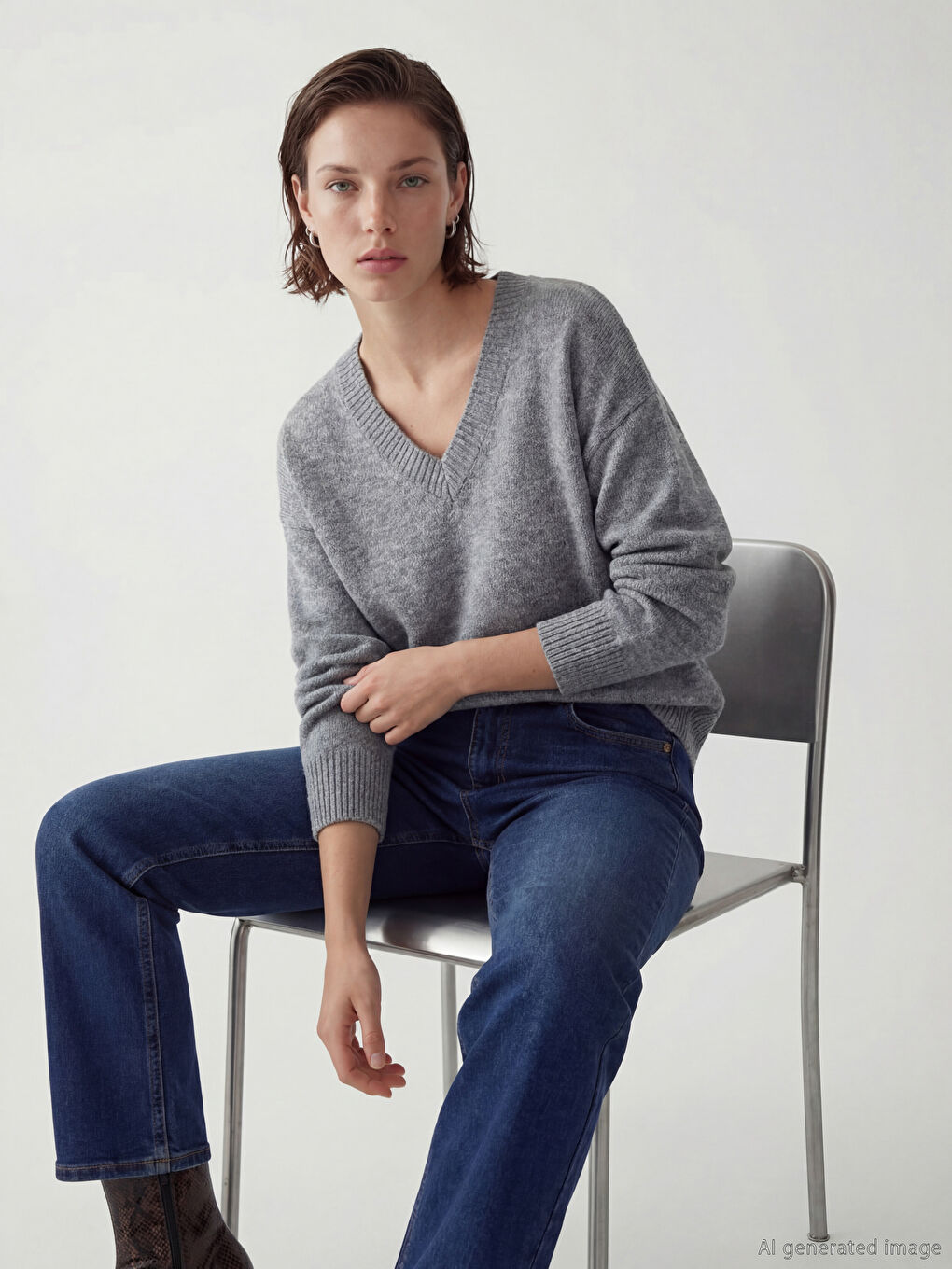 Antrasit V Yaka Oversize Kadın Triko Kazak	