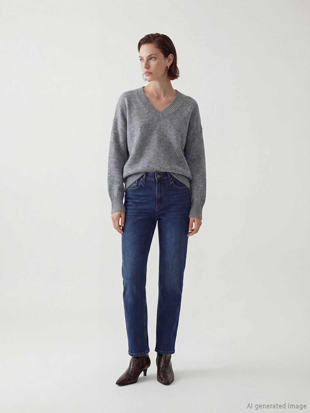 Antrasit V Yaka Oversize Kadın Triko Kazak	-1