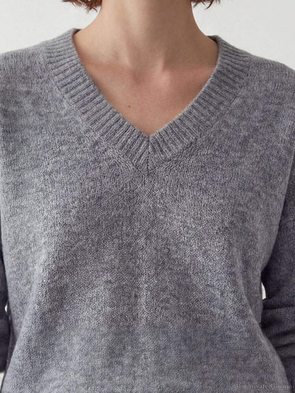 Antrasit V Yaka Oversize Kadın Triko Kazak	-2