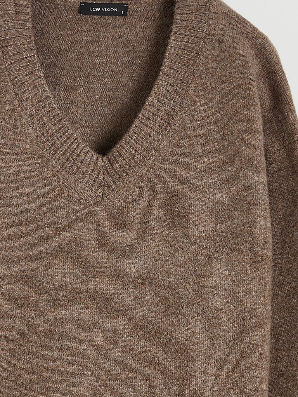 Bej V Yaka Oversize Kadın Triko Kazak	-5