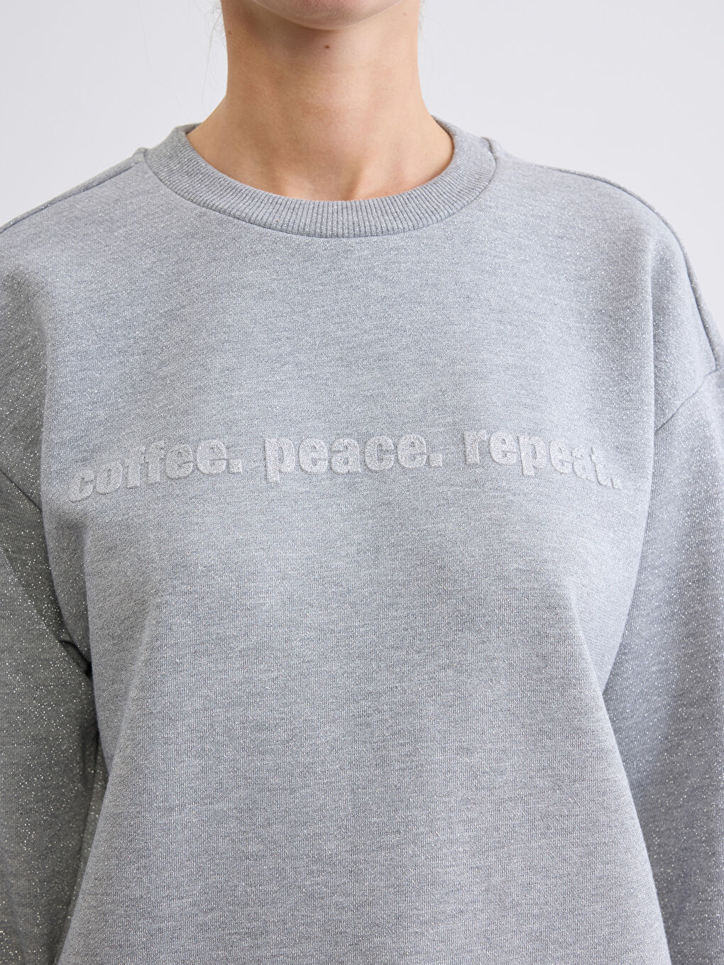 Gri Bisiklet Yaka Baskılı Kadın Kalın Sweatshirt-2