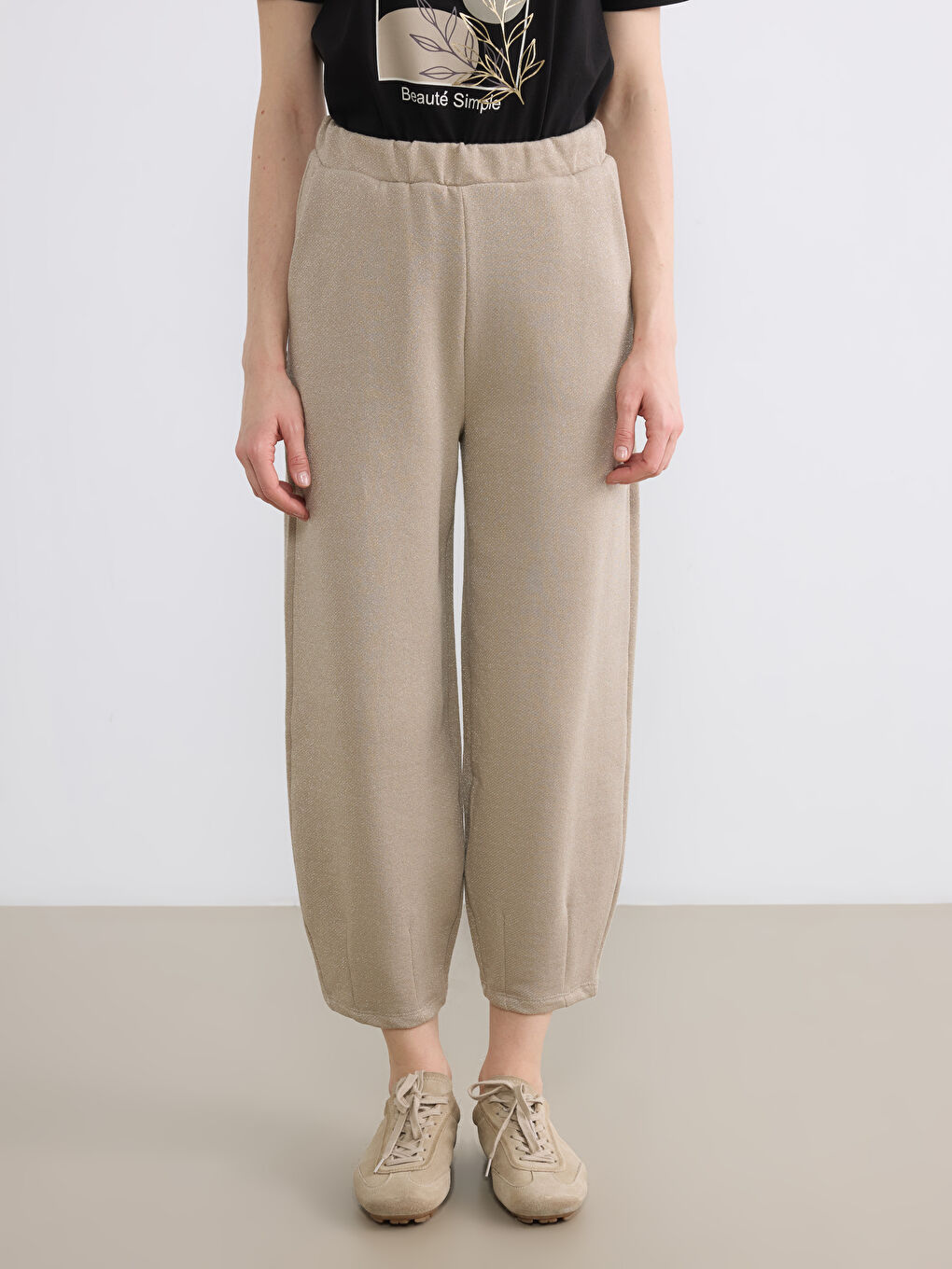 Bej Beli Lastikli Soft Touch Kadın Eşofman Altı	-1