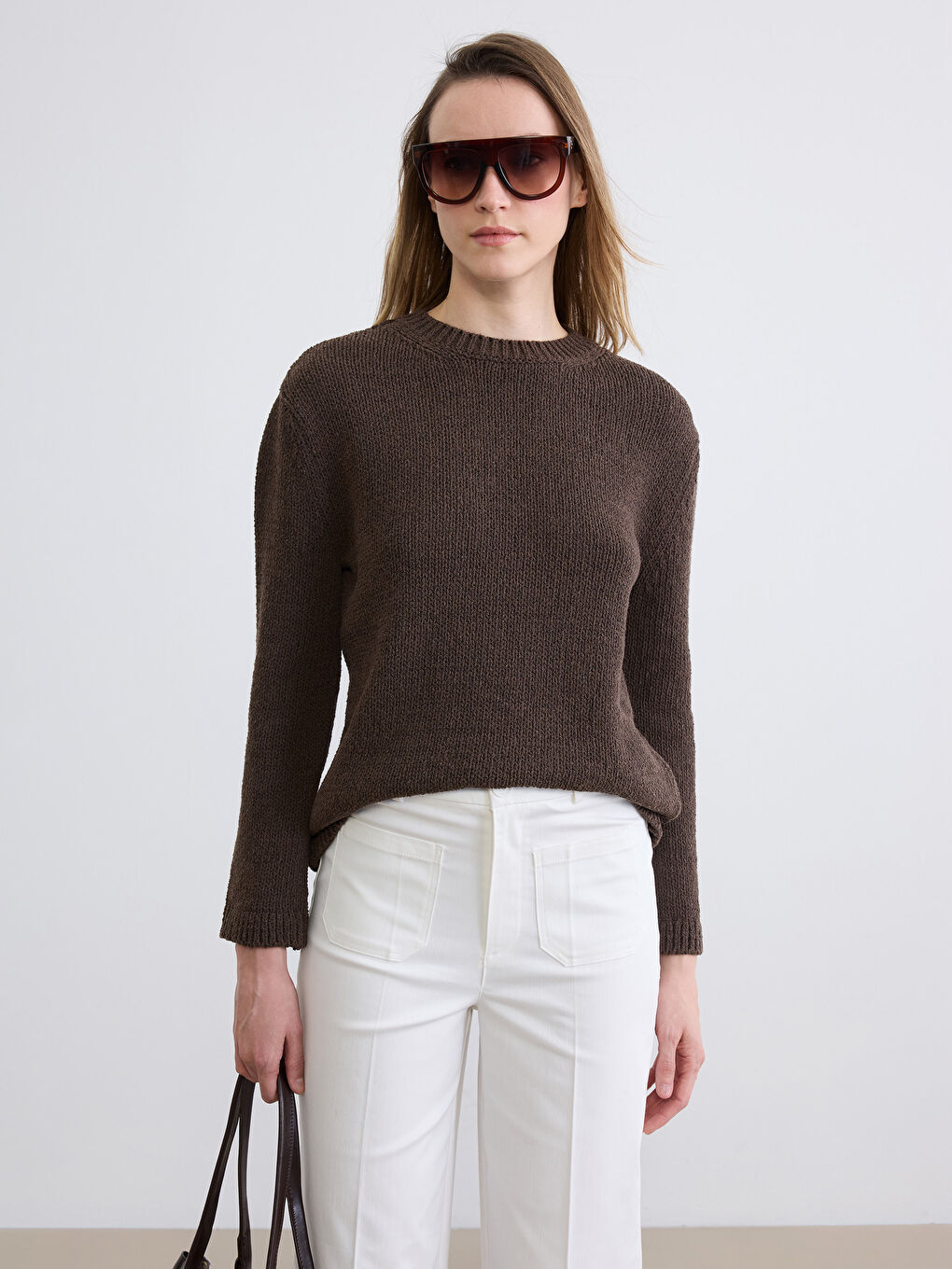 Kahverengi Bisiklet Yaka Kadın Triko Kazak-2