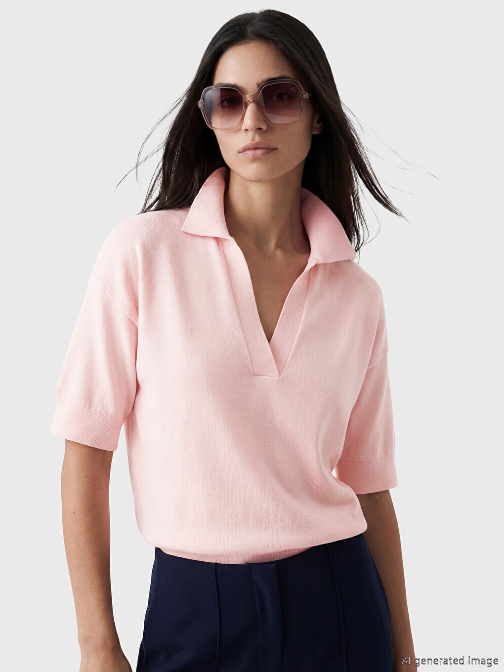 Pembe Polo Yaka Oversize Kadın Triko Kazak	