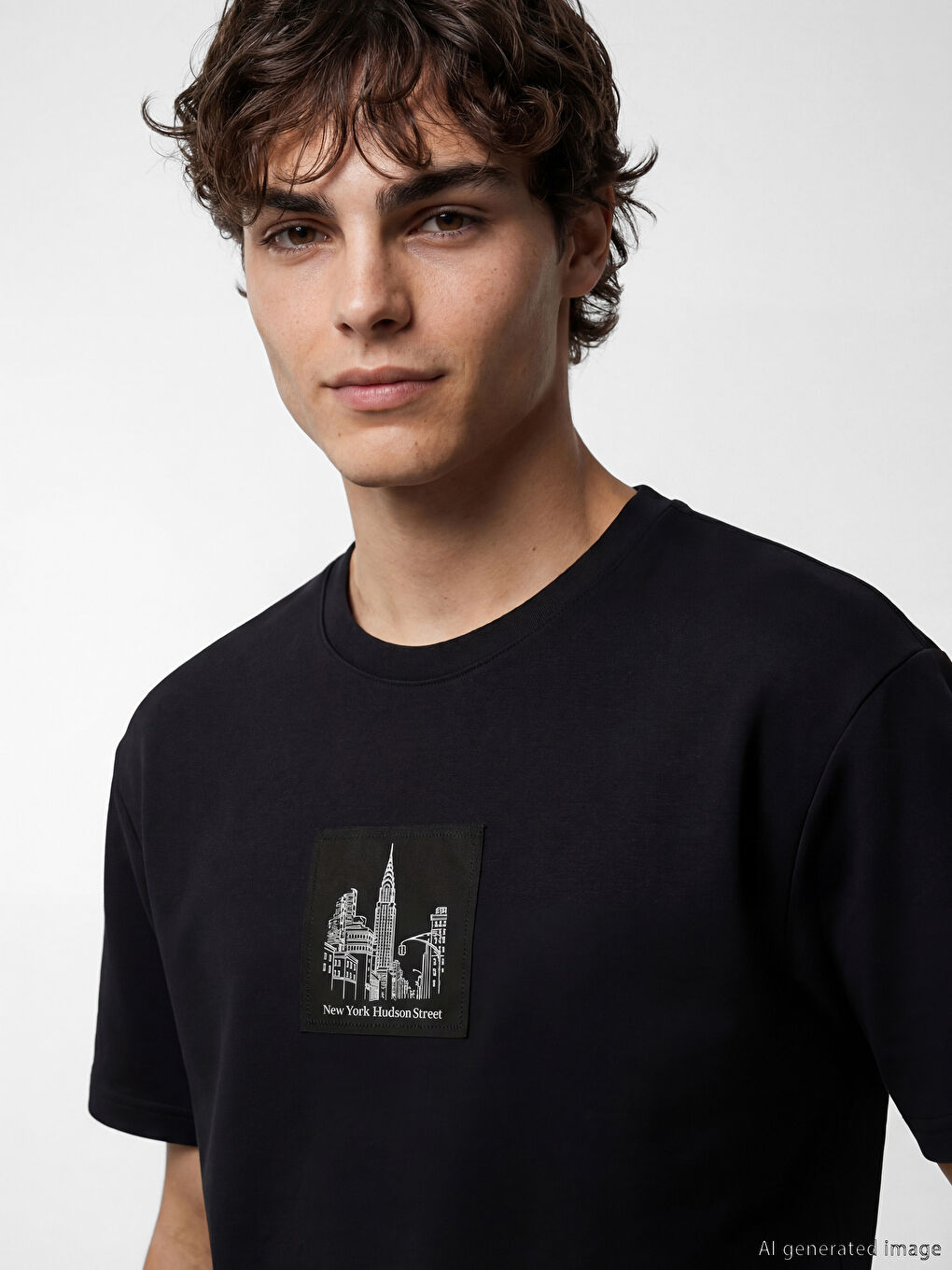 Siyah Oversize Bisiklet Yaka New York Baskılı Erkek Tişört