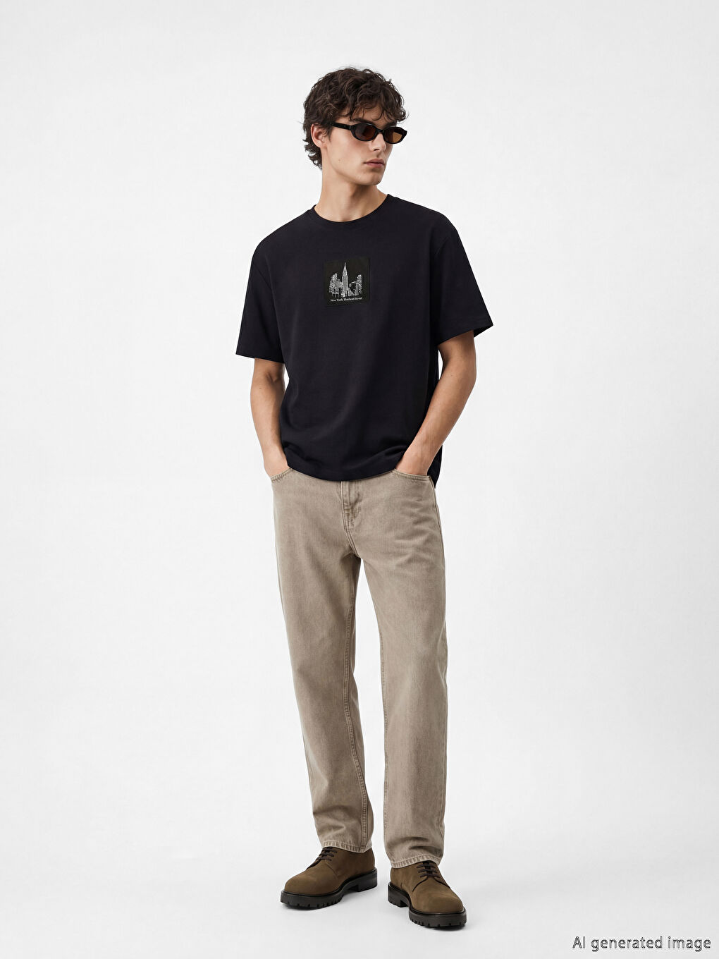 Siyah Oversize Bisiklet Yaka New York Baskılı Erkek Tişört-1