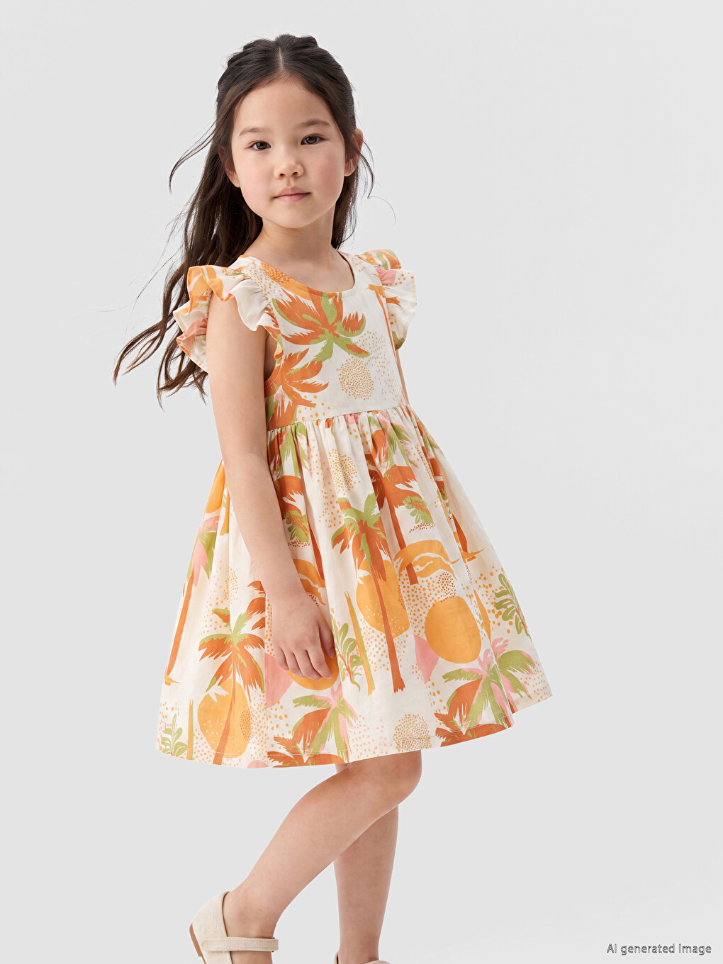 Crew Neck Printed Girls' Poplin Dress