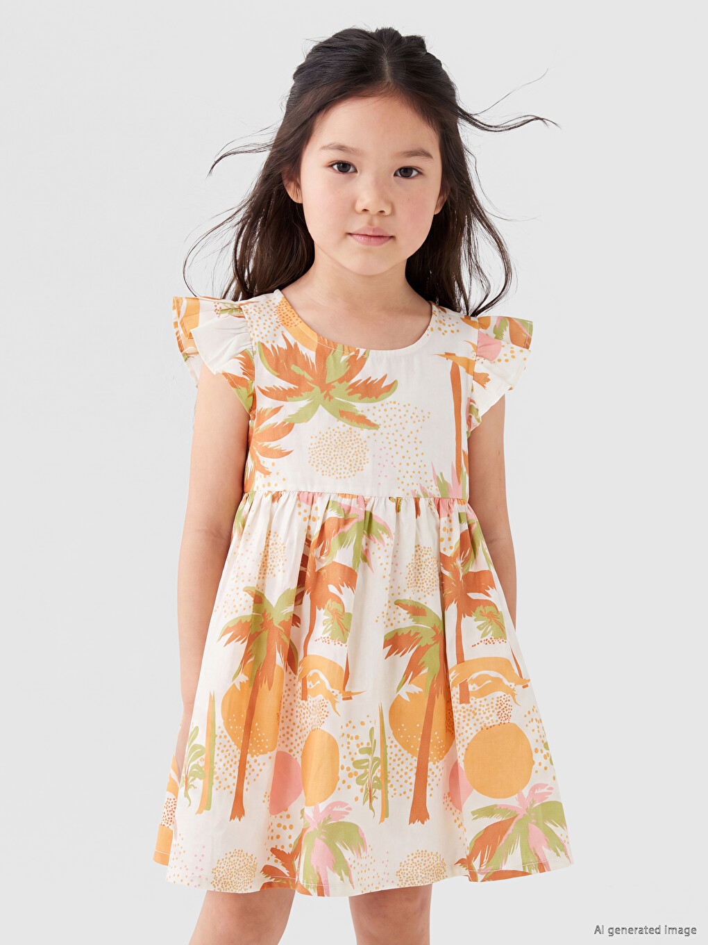 Crew Neck Printed Girls' Poplin Dress-1