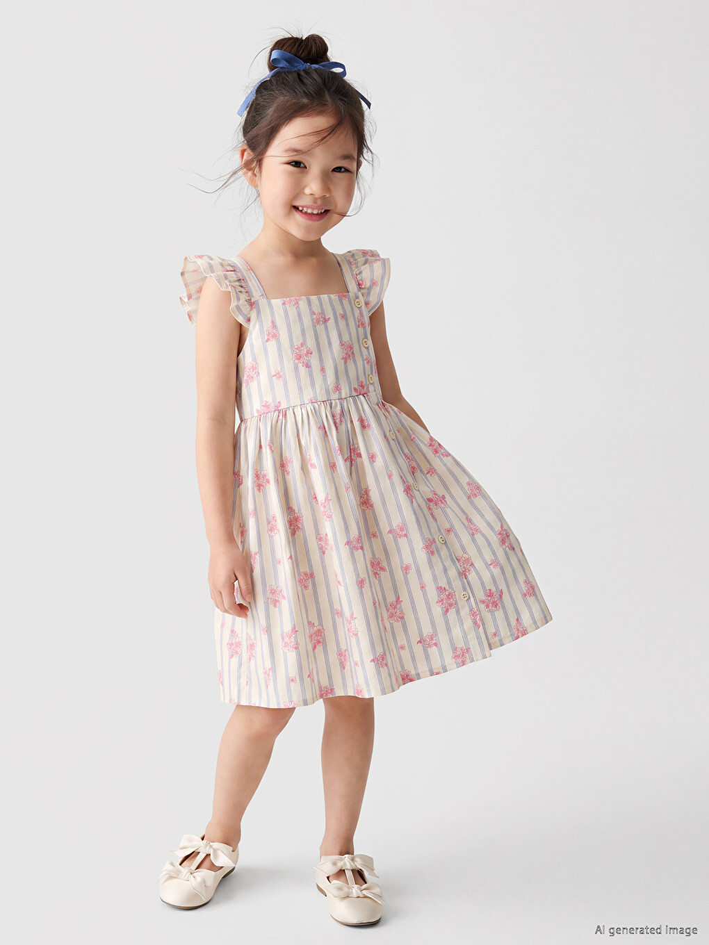 Square Neck Floral Girls' Poplin Dress-2