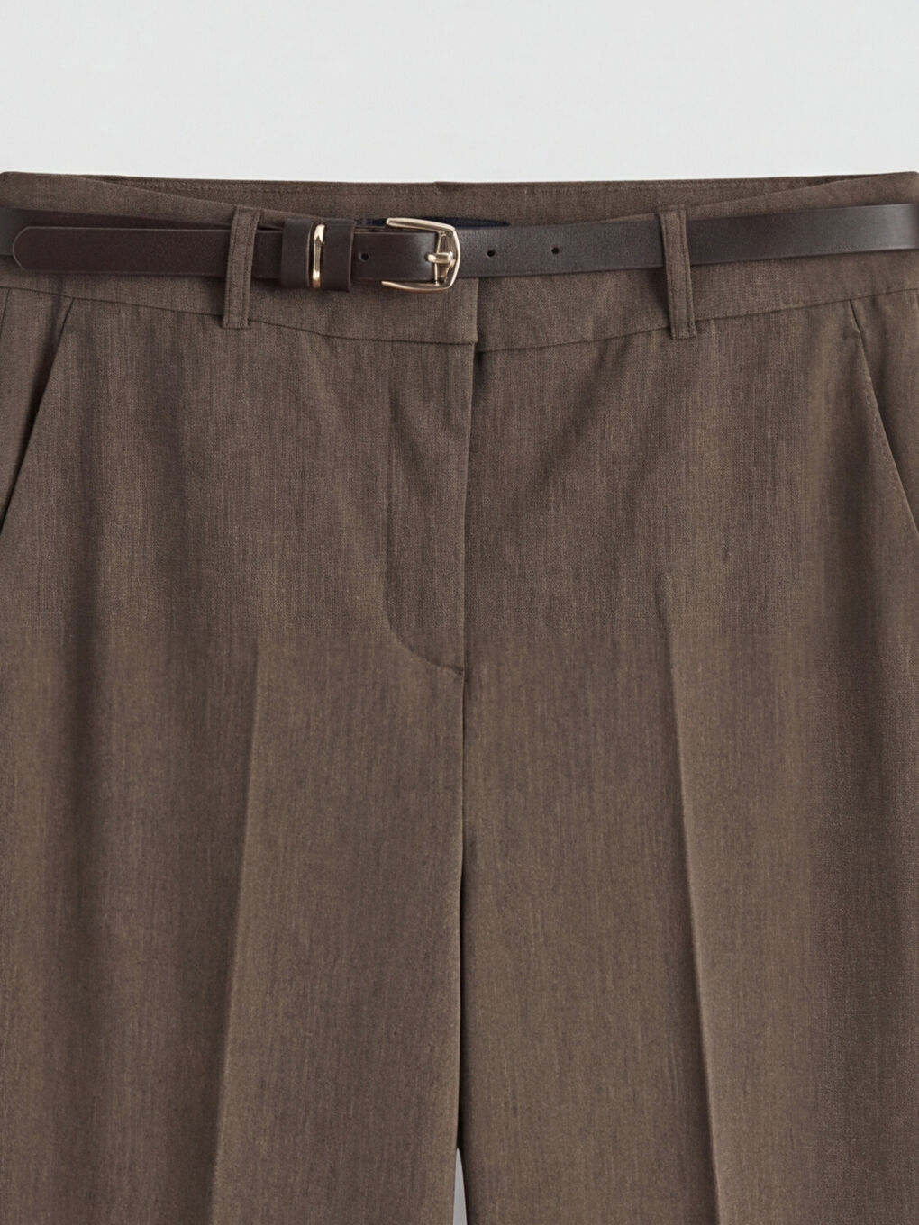 Kahverengi Beli Kemerli Standart Fit Kadın Pantolon-2