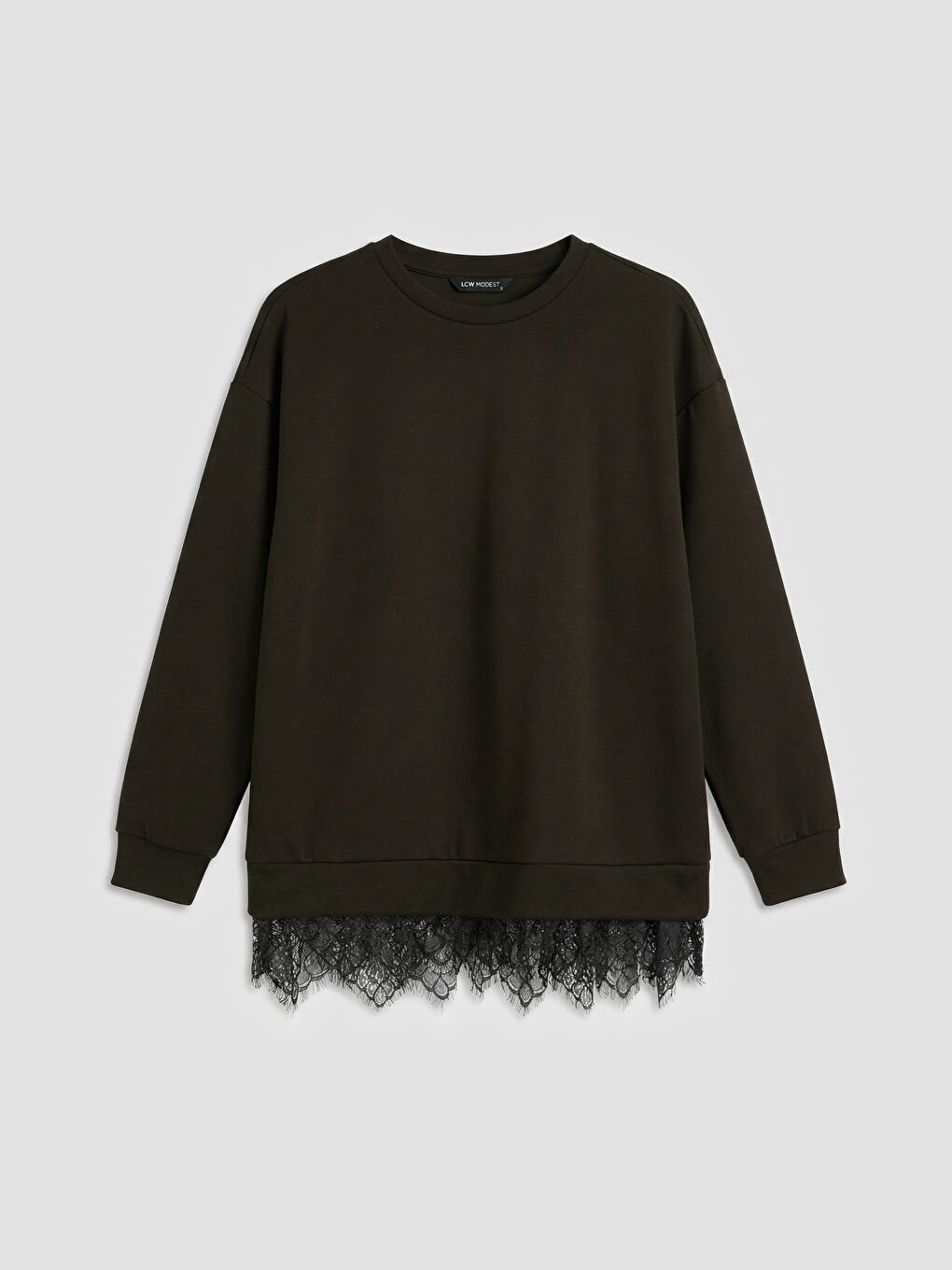 Kahverengi Bisiklet Yaka Dantel Detaylı Kadın Sweatshirt Tunik