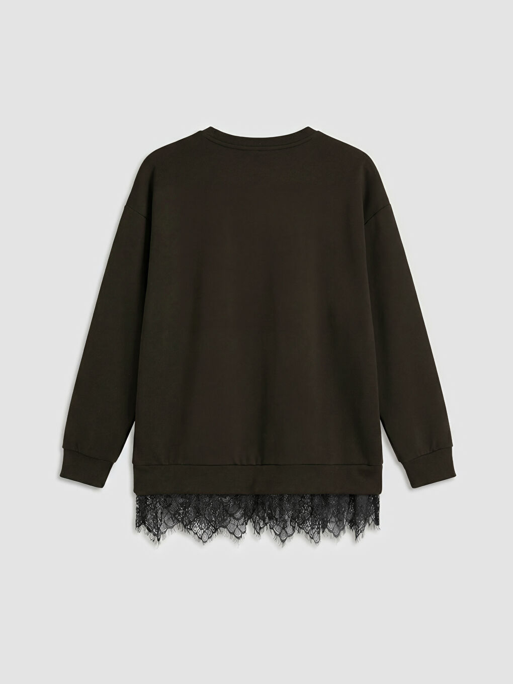 Kahverengi Bisiklet Yaka Dantel Detaylı Kadın Sweatshirt Tunik-1