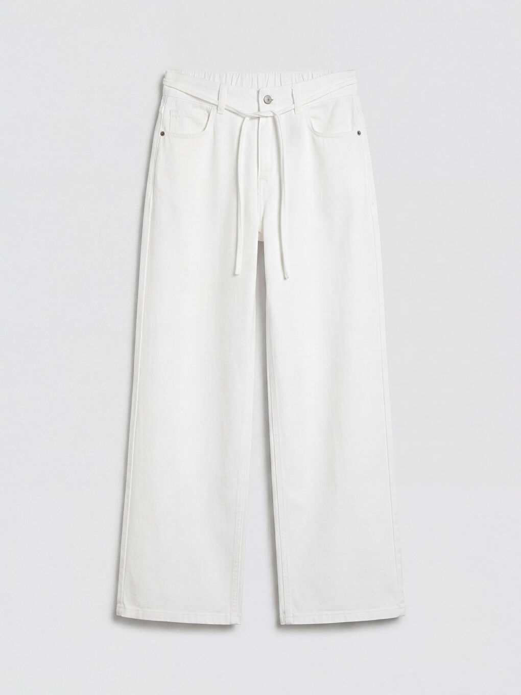 Beyaz Beli Lastikli Wideleg Kadın Jean Pantolon