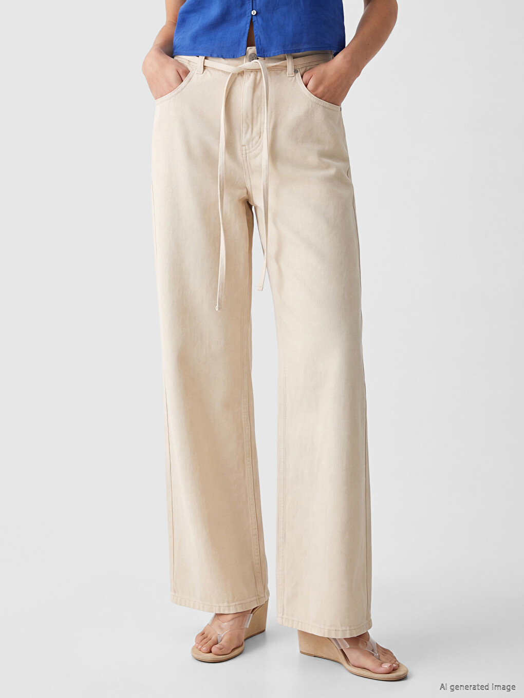 Bej Beli Lastikli Wideleg Kadın Jean Pantolon-1