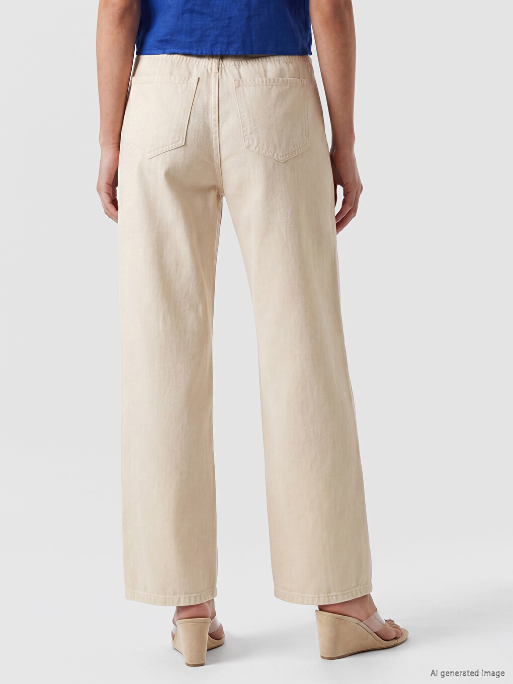 Bej Beli Lastikli Wideleg Kadın Jean Pantolon-3