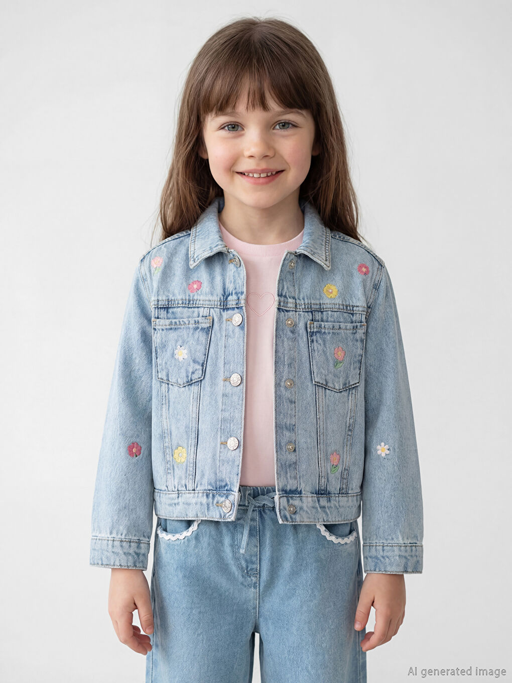 Collared Neck Floral Girls' Denim Jacket-1