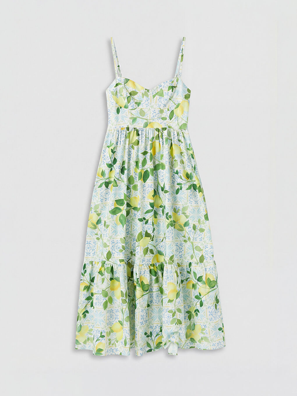 Yeşil İp Askılı Lİmon Desenli Katkat Elbise