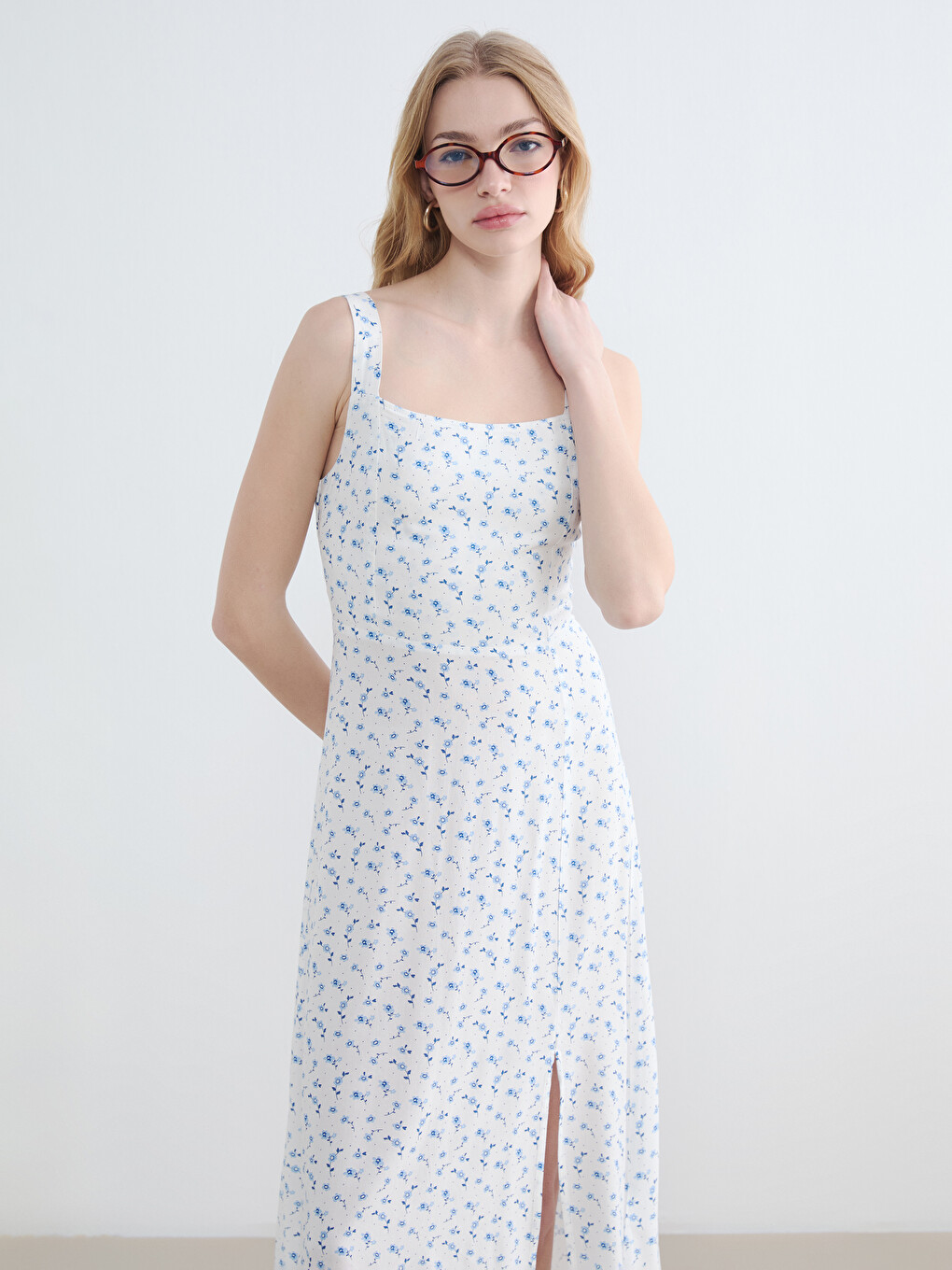 Square Neck Floral Poplin Dress-1