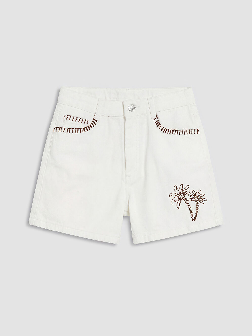 Ekru Nakışlı Kız Çocuk Jean Şort