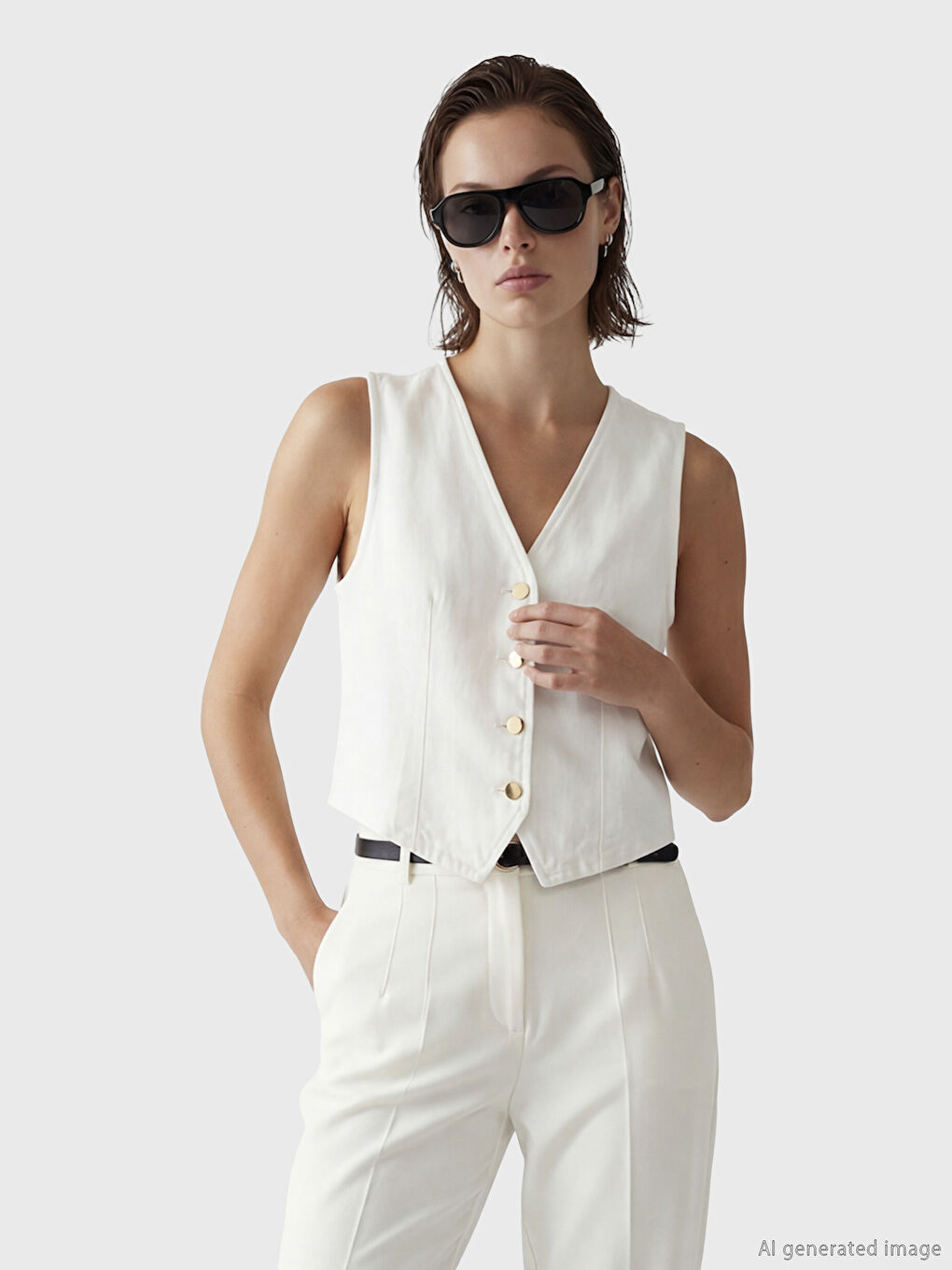 Beyaz V Yaka Kadın Klasik Yelek