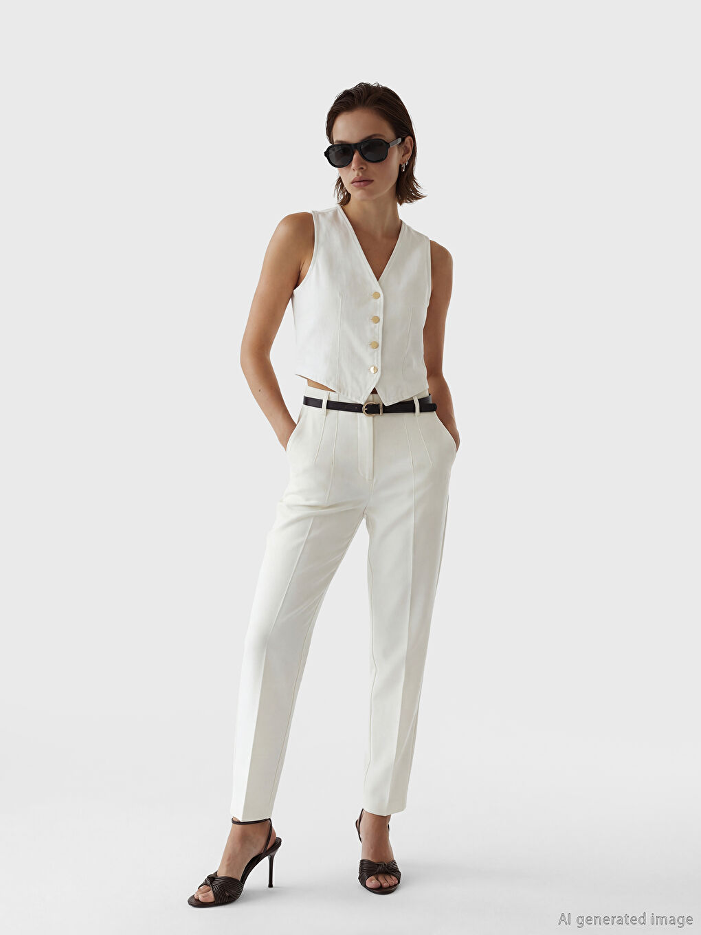 Beyaz V Yaka Kadın Klasik Yelek-1