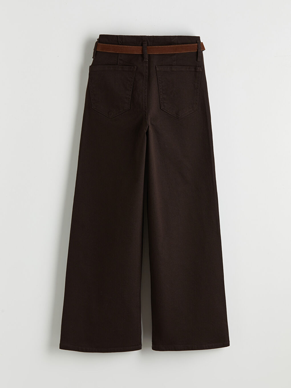 Kahverengi Beli Kemerli Wideleg Kadın Jean Pantolon-1