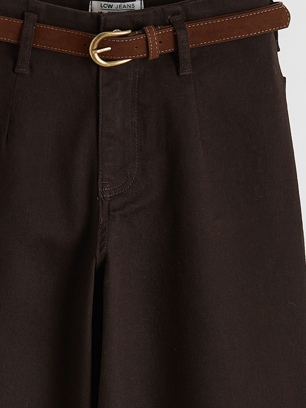 Kahverengi Beli Kemerli Wideleg Kadın Jean Pantolon-2