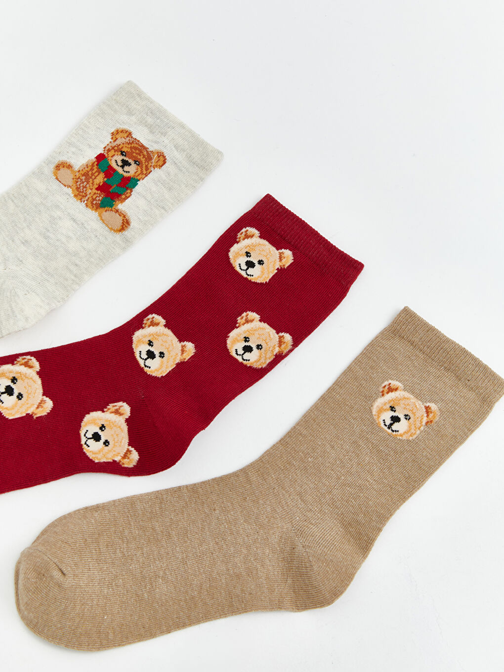 Gri Ayı Teddy Baskılı Kadın Soket Çorap 3'lü-1